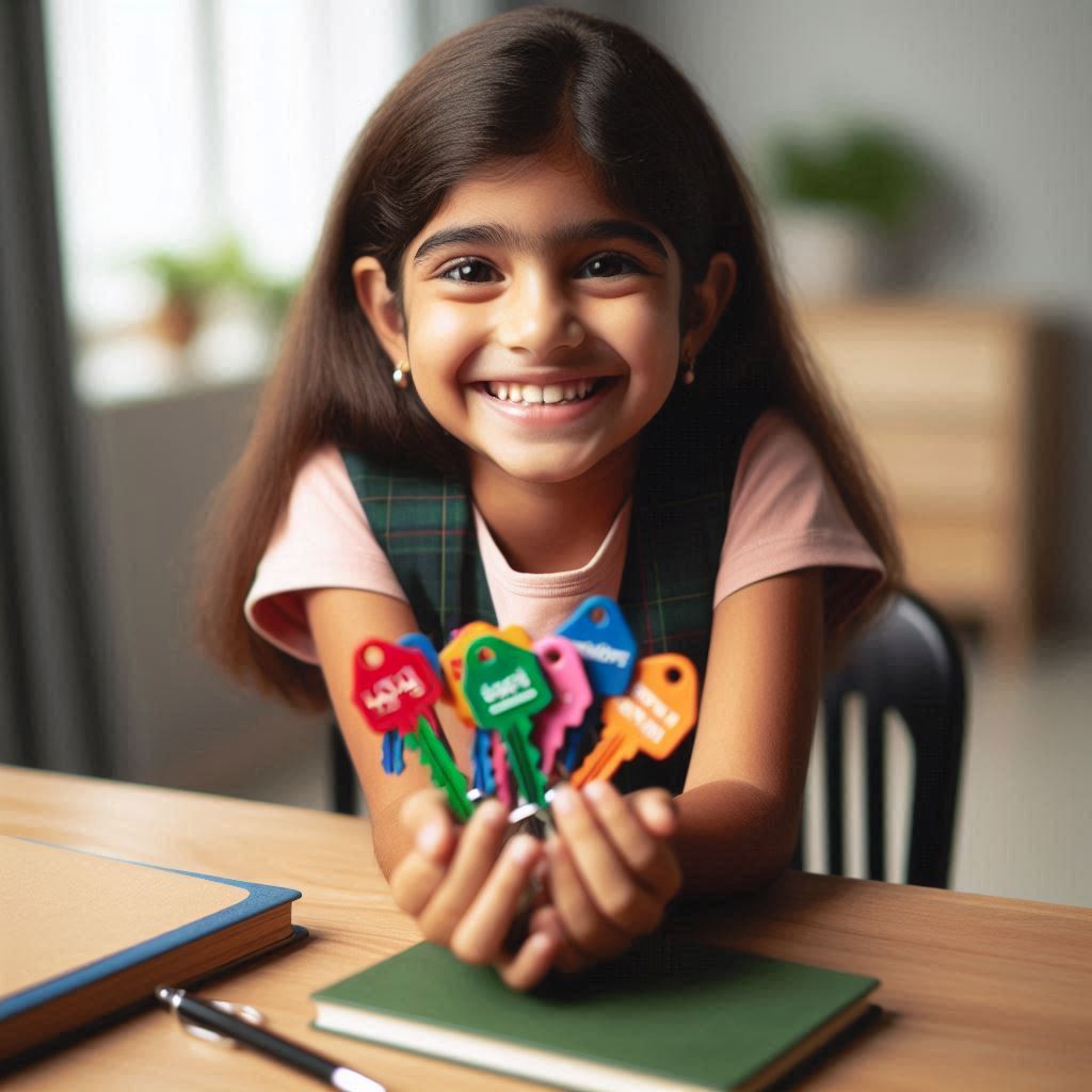 Image shows a kid holding keys in her hands to illustrate the relation between keys and learning languages.