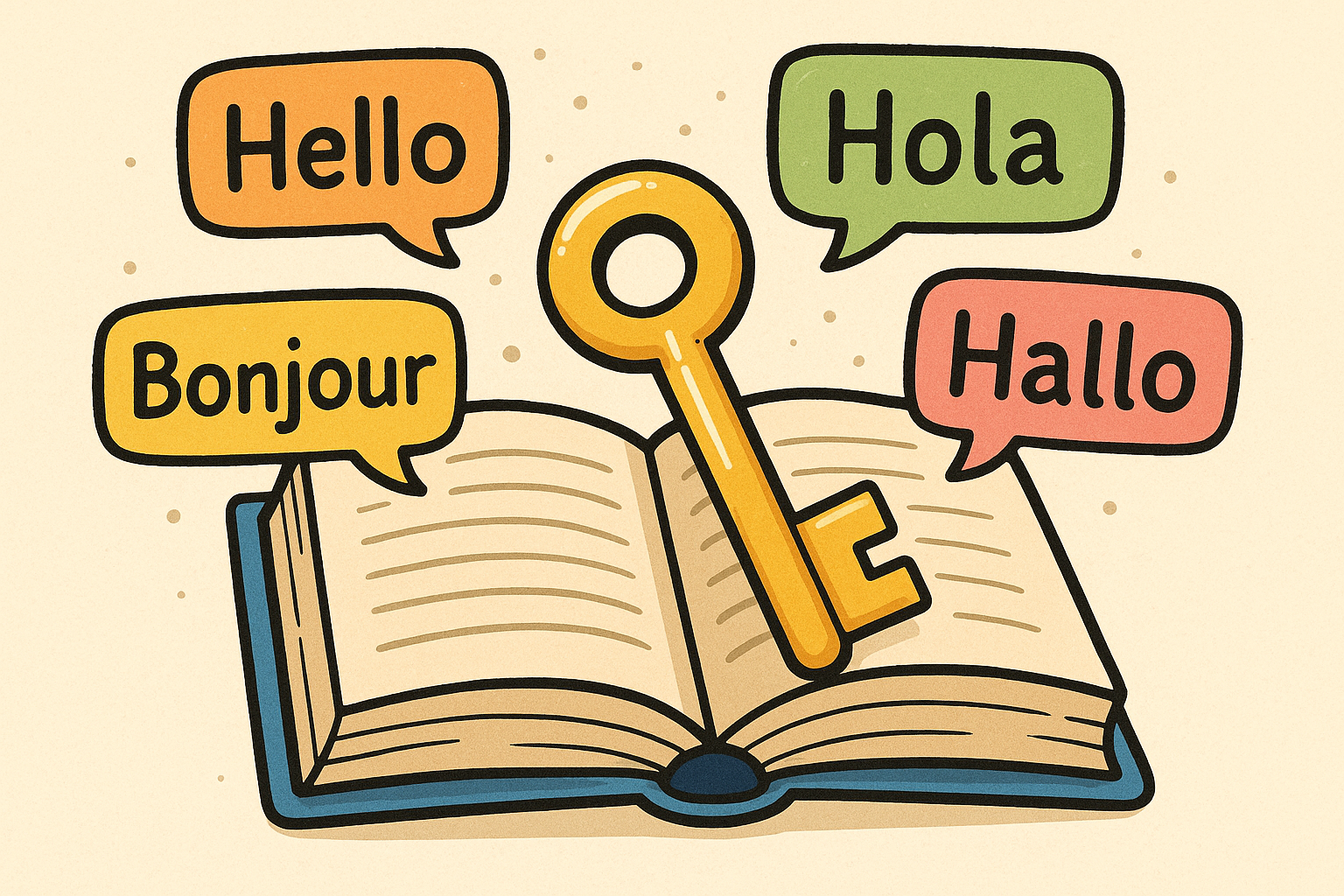 A colorful cartoon-style illustration showing an open book with a large golden key resting across its pages. Surrounding the book are four speech bubbles, each containing a greeting in a different language: “Hello” (orange), “Hola” (green), “Bonjour” (yellow), and “Hallo” (red). The image symbolizes language learning as a key to unlocking knowledge.